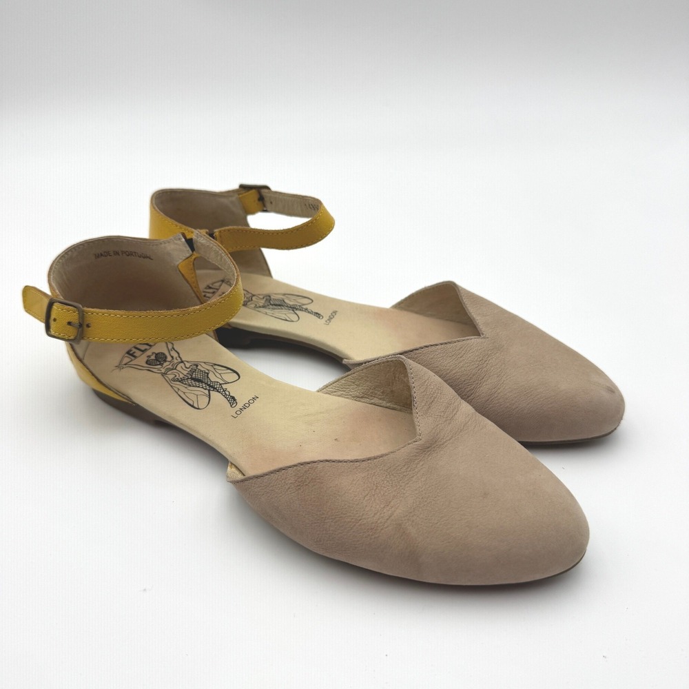 Fly London Womens Leather Ankle Strap Flats Taupe Yellow Portugal 40 143692006